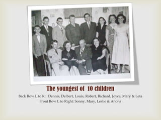 The youngest of 10 children
Back Row L to R : Dennis, Delbert, Louis, Robert, Richard, Joyce, Mary & Leta
Front Row L to Right: Sonny, Mary, Leslie & Anona

 