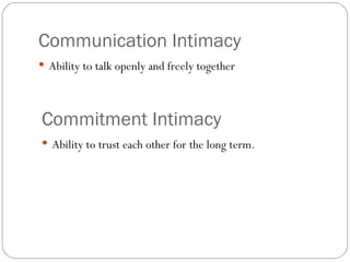Communication Intimacy Ability to talk openly and freely together Commitment Intimacy Ability to trust each other for the long term. 