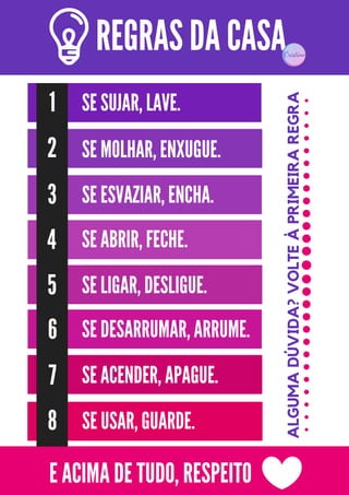 REGRAS DA CASA
SE MOLHAR, ENXUGUE.
SE SUJAR, LAVE.
SE ESVAZIAR, ENCHA.
SE ABRIR, FECHE.
SE LIGAR, DESLIGUE.
SE DESARRUMAR, ARRUME.
SE ACENDER, APAGUE.7
6
2
3
5
4
1
SE USAR, GUARDE.8
E ACIMA DE TUDO, RESPEITO
ALGUMADÚVIDA?VOLTEÀPRIMEIRAREGRA