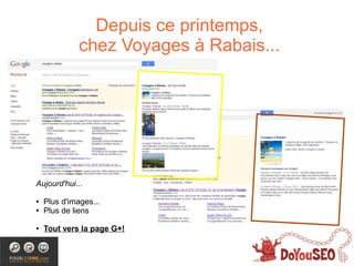 Google +,
                Depuis ce printemps,
              chez Voyages à Rabais...
             Qu’ossa donne? (réponse courte):




Aujourd'hui...

●   Plus d'images...
●   Plus de liens

●   Tout vers la page G+!
 