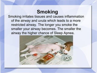 Smoking
Smoking irritates tissues and causes inflammation
of the airway and uvula which leads to a more
restricted airway. The longer you smoke the
smaller your airway becomes. The smaller the
airway the higher chance of Sleep Apnea.
 