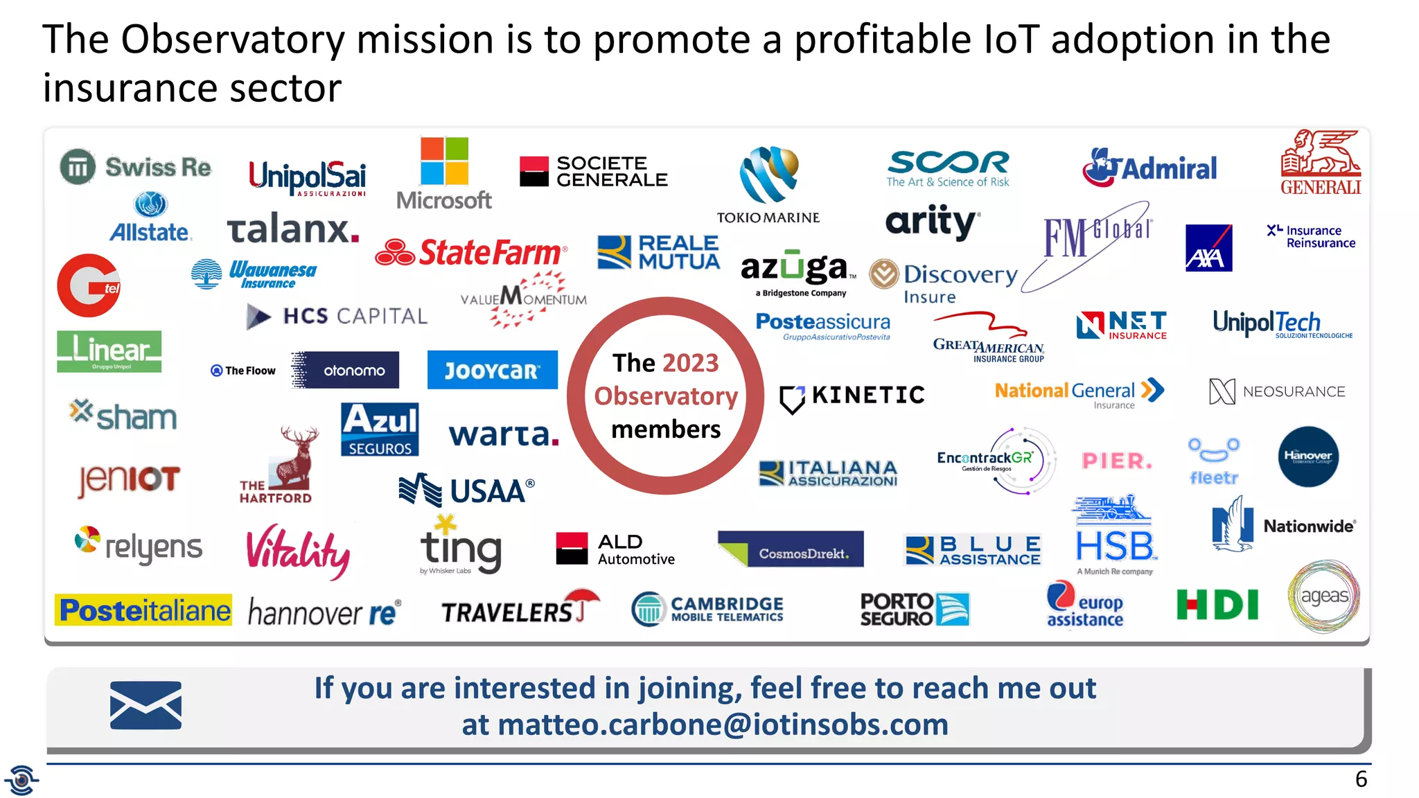 6
The 2023
Observatory
members
The Observatory mission is to promote a profitable IoT adoption in the
insurance sector
If you are interested in joining, feel free to reach me out
at matteo.carbone@iotinsobs.com
 