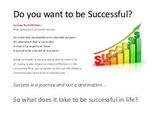 Do you want to be Successful?
Success By Definition:-
Plain Synonyms; achiever, winner

An event that accomplishes its intended purpose
An attainment that is successful
A state of prosperity or fame
A person with a record of successes

Being successful is not just being able to make a lot
of money, it also means to make a difference in the
community that you associate to Not just the religious
community but the social community too....



Success is a journey and not a destination...

So what does it take to be successful in life?
 