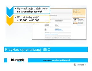 • Optymalizacja treści strony
       na stronach placówek

     • Wzrost liczby wejść
       z 50 000 do 80 000




Przykład optymalizacji SEO

                              success can be optimized

                                                         10
 