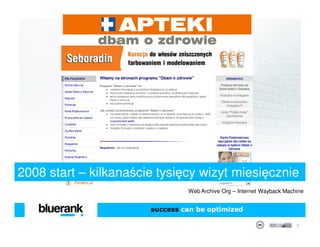 2008 start – kilkanaście tysięcy wizyt miesięcznie
                                Web Archive Org – Internet Wayback Machine


                       success can be optimized

                                                                       2
 
