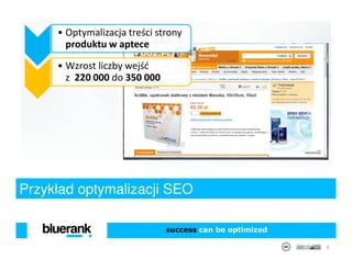 • Optymalizacja treści strony
       produktu w aptece

     • Wzrost liczby wejść
       z 220 000 do 350 000




Przykład optymalizacji SEO

                              success can be optimized

                                                         9
 