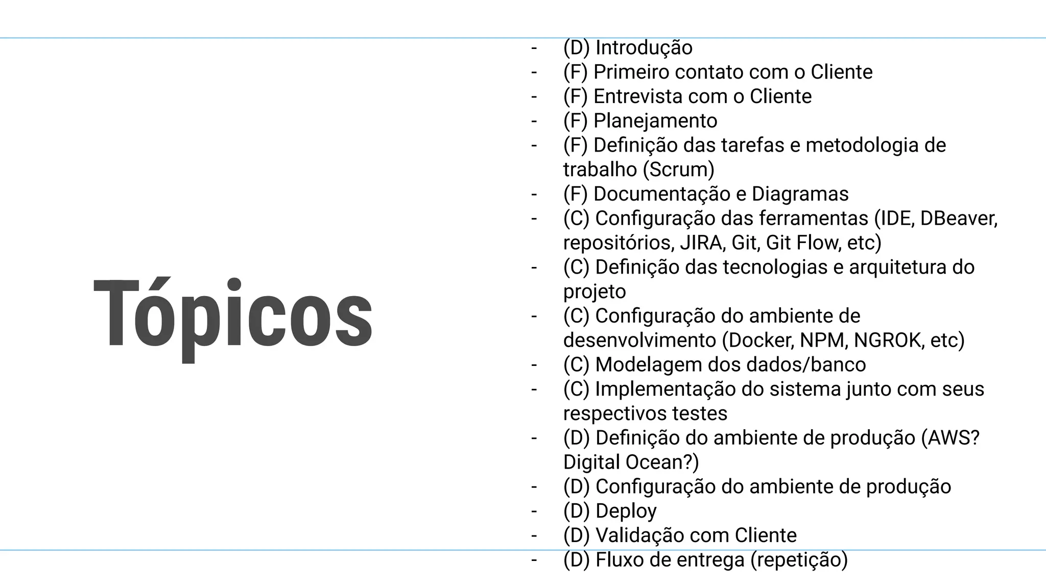Tópicos
- (D) Introdução
- (F) Primeiro contato com o Cliente
- (F) Entrevista com o Cliente
- (F) Planejamento
- (F) Deﬁnição das tarefas e metodologia de
trabalho (Scrum)
- (F) Documentação e Diagramas
- (C) Conﬁguração das ferramentas (IDE, DBeaver,
repositórios, JIRA, Git, Git Flow, etc)
- (C) Deﬁnição das tecnologias e arquitetura do
projeto
- (C) Conﬁguração do ambiente de
desenvolvimento (Docker, NPM, NGROK, etc)
- (C) Modelagem dos dados/banco
- (C) Implementação do sistema junto com seus
respectivos testes
- (D) Deﬁnição do ambiente de produção (AWS?
Digital Ocean?)
- (D) Conﬁguração do ambiente de produção
- (D) Deploy
- (D) Validação com Cliente
- (D) Fluxo de entrega (repetição)
 