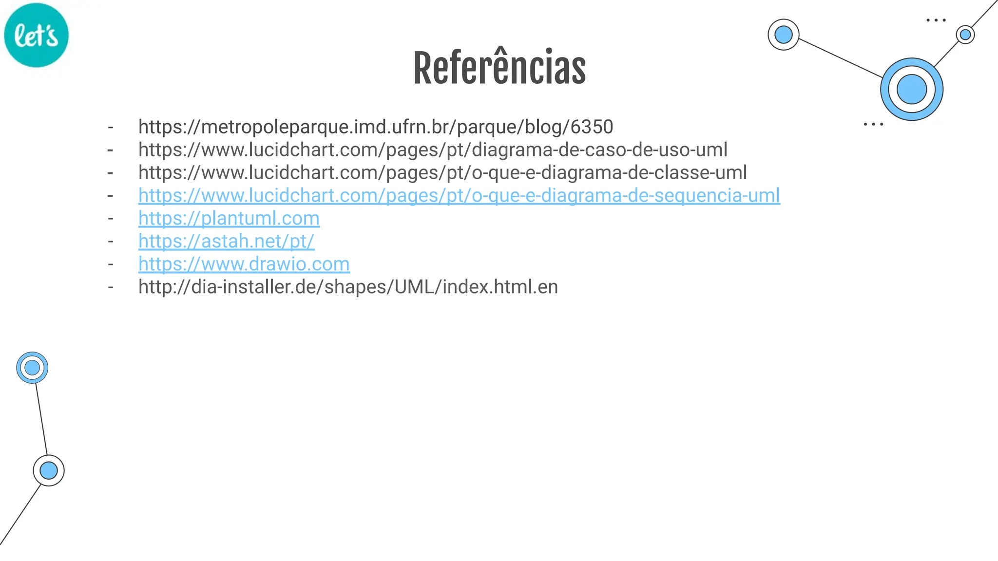 Referências
- https://metropoleparque.imd.ufrn.br/parque/blog/6350
- https://www.lucidchart.com/pages/pt/diagrama-de-caso-de-uso-uml
- https://www.lucidchart.com/pages/pt/o-que-e-diagrama-de-classe-uml
- https://www.lucidchart.com/pages/pt/o-que-e-diagrama-de-sequencia-uml
- https://plantuml.com
- https://astah.net/pt/
- https://www.drawio.com
- http://dia-installer.de/shapes/UML/index.html.en
 