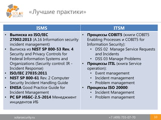 solarsecurity.ru +7 (499) 755-07-70
«Лучшие практики»
10
ISMS ITSM
• Выписка из ISO/IEC
27002:2013 (A.16 Information security
incident management)
• Выписка из NIST SP 800-53 Rev. 4
Security and Privacy Controls for
Federal Information Systems and
Organizations (Security control: IR -
Incident Response)
• ISO/IEC 27035:2011
• NIST SP 800-61 Rev. 2 Computer
Security Incident Handling Guide
• ENISA Good Practice Guide for
Incident Management
• РС БР ИББС-2.5-2014 Менеджмент
инцидентов ИБ
• Процессы COBIT5 (книги COBIT5
Enabling Processes и COBIT5 for
Information Security):
• DSS 02 Manage Service Requests
and Incidents
• DSS 03 Manage Problems
• Процессы ITIL (книга Service
operation):
• Event management
• Incident management
• Problem management
• Процессы ISO 20000:
• Incident Management
• Problem management
 