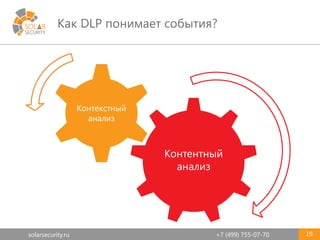 solarsecurity.ru +7 (499) 755-07-70
Как DLP понимает события?
19
Контентный
анализ
Контекстный
анализ
 
