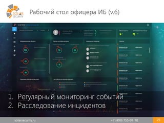 solarsecurity.ru +7 (499) 755-07-70
Рабочий стол офицера ИБ (v.6)
25
1. Регулярный мониторинг событий
2. Расследование инцидентов
 