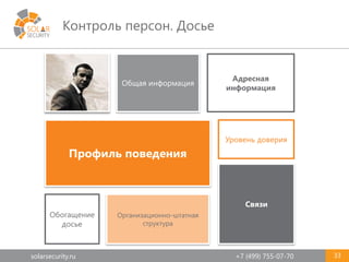 solarsecurity.ru +7 (499) 755-07-70
Контроль персон. Досье
33
Дось
е
Обогащение
досье
Общая информация
Адресная
информация
Связи
Профиль поведения
Уровень доверия
Организационно-штатная
структура
 