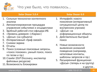 solarsecurity.ru +7 (499) 755-07-70
Что уже было, что появилось…
61
Solar Dozor 5.0.4 Solar Dozor 6.0
1. Сильные технологии контентного
анализа
2. Автоматизированная процедура
управления событиями и инцидентами
3. Удобный рабочий стол офицера ИБ
4. «Уровень доверия» («Карма»)
5. «Досье» (на субъекта)
6. Интерактивный «Граф связей»
7. Снимки экрана
8. Отчеты
9. Поиск (сложные поисковые запросы,
«поиск похожих», умный поиск, поиск
по тегам и пр.)
10. Crawler (DLP Discovery, инспектор
файловых ресурсов)
11. Возможность блокировки
1. Интерфейс нового
поколения (интерактивный
ситуационный центр по
внутренним угрозам)
2. «Досье» на
информационные объекты
3. Действительно быстрый
поиск
4. Новые возможности
выявления аномалий
поведения (например,
нетиповые контакты,
шаблоны запросов и пр.)
5. Расширенный функционал
«Досье» (теперь и на группу)
и другое…
 