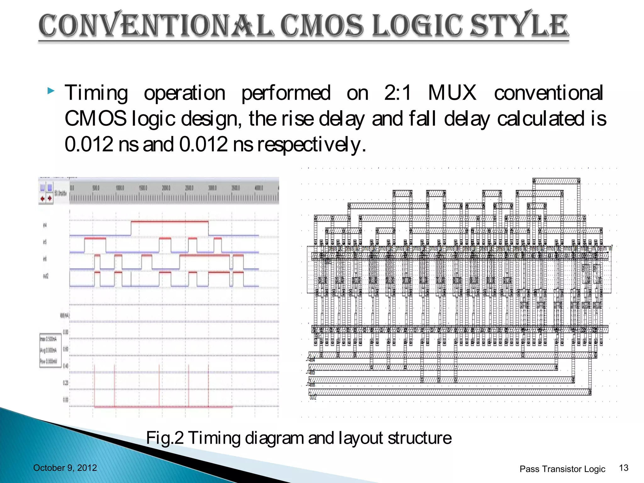    Timing operation performed on 2:1 MUX conventional
       CMOS logic design, the rise delay and fall delay calculated is
       0.012 ns and 0.012 ns respectively.




                  Fig.2 Timing diagram and layout structure
October 9, 2012                                               Pass Transistor Logic   13
 
