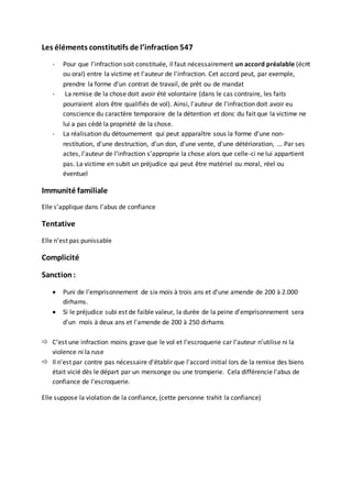 Les éléments constitutifs de l’infraction 547
- Pour que l'infraction soit constituée, il faut nécessairement un accord préalable (écrit
ou oral) entre la victime et l'auteur de l'infraction. Cet accord peut, par exemple,
prendre la forme d'un contrat de travail, de prêt ou de mandat
- La remise de la chose doit avoir été volontaire (dans le cas contraire, les faits
pourraient alors être qualifiés de vol). Ainsi, l'auteur de l'infraction doit avoir eu
conscience du caractère temporaire de la détention et donc du fait que la victime ne
lui a pas cédé la propriété de la chose.
- La réalisation du détournement qui peut apparaître sous la forme d'une non-
restitution, d'une destruction, d'un don, d'une vente, d'une détérioration, ... Par ses
actes, l'auteur de l'infraction s'approprie la chose alors que celle-ci ne lui appartient
pas. La victime en subit un préjudice qui peut être matériel ou moral, réel ou
éventuel
Immunité familiale
Elle s’applique dans l’abus de confiance
Tentative
Elle n’est pas punissable
Complicité
Sanction :
 Puni de l'emprisonnement de six mois à trois ans et d'une amende de 200 à 2.000
dirhams.
 Si le préjudice subi est de faible valeur, la durée de la peine d'emprisonnement sera
d'un mois à deux ans et l'amende de 200 à 250 dirhams
 C’est une infraction moins grave que le vol et l’escroquerie car l’auteur n’utilise ni la
violence ni la ruse
 Il n'est par contre pas nécessaire d'établir que l'accord initial lors de la remise des biens
était vicié dès le départ par un mensonge ou une tromperie. Cela différencie l'abus de
confiance de l'escroquerie.
Elle suppose la violation de la confiance, (cette personne trahit la confiance)
 