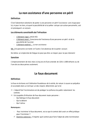 La non assistance d’une personne en péril
Définition
C’est l'abstention volontaire de porter à une personne en péril l'assistance sans risque pour
lui, ni pour les tiers, et ayant la possibilité de la lui prêter soit par son action personnelle, soit
en provoquant un secours
Les éléments constitutifs de l’infraction
- L’élément l égal : article 431
- L’élément moral : Conscience de l’existence d’une personne en péril et de la
possibilité de l’assister
- L’élément matériel : La non assistance
NB : Si la personne est morte et l’autre s’est abstenue de lui porter secours
De même un simple état de fatigue ne peut pas être un moyen pour ne pas intervenir
Sanction
L'emprisonnement de trois mois à cinq ans et d'une amende de 120 à 1.000 dirhams ou de
l'une de ces deux peines seulement.
Le faux document
Définition
Le faux en écritures est l'altération frauduleuse de la vérité, de nature à causer un préjudice
et accomplie dans un écrit par un des moyens déterminés par la loi
 L’objectif de l’incrimination est de protéger la confiance du public notamment les
contrats
 Est coupable d’infraction de faux document toute personne :
- Qui fabrique le faux document
- Qui le détient
- Qui l’utilise
Remarques :
- Pour incriminer le faux document, est ce que le contrat doit avoir un effet juridique
pour l’incriminer ?
 Doctrine extensive : n’importe quel contrat peut faire l’objet de cette incrimination
 