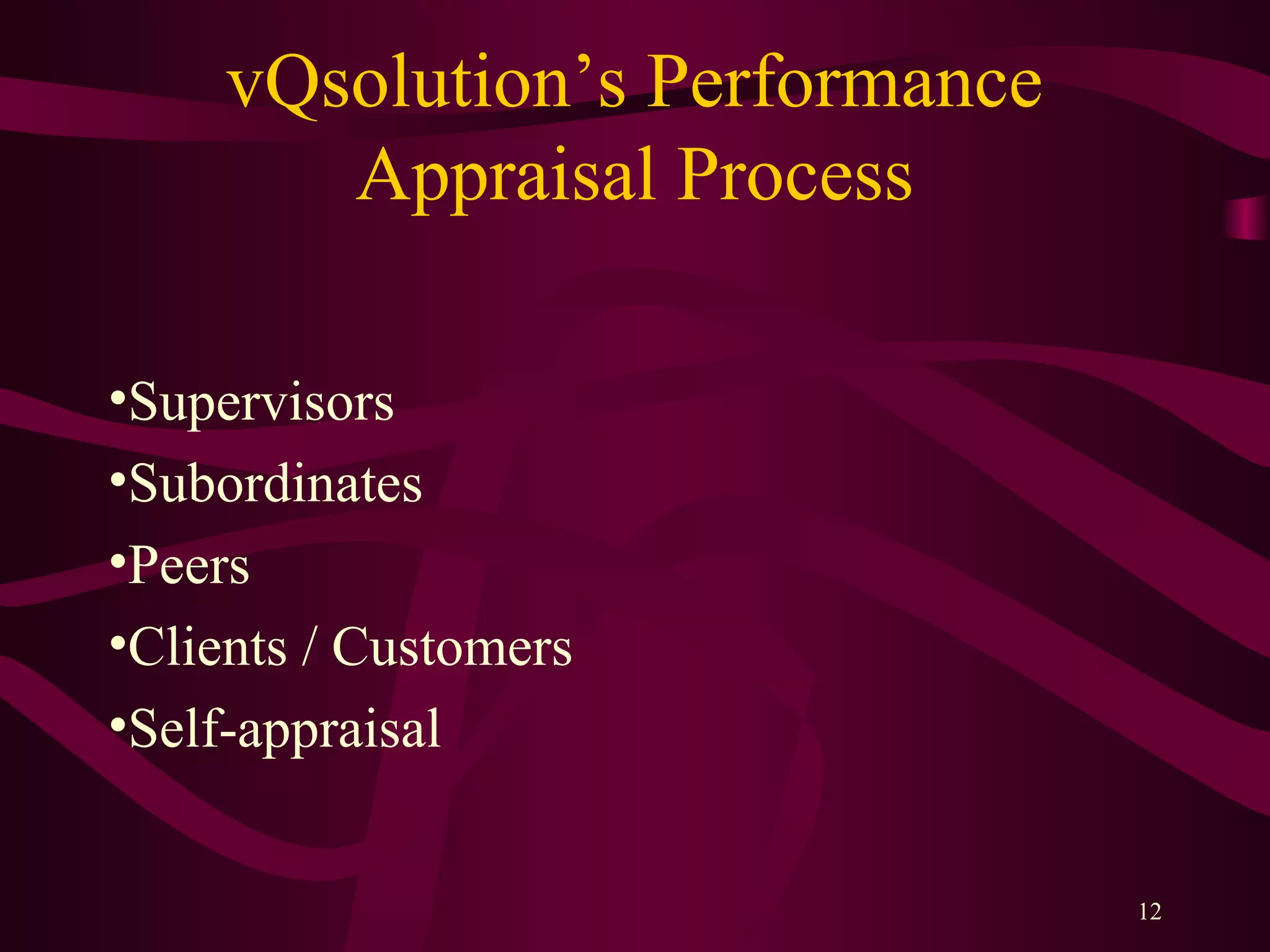 vQsolution’s Performance
Appraisal Process
•Supervisors
•Subordinates
•Peers
•Clients / Customers
•Self-appraisal
12
 