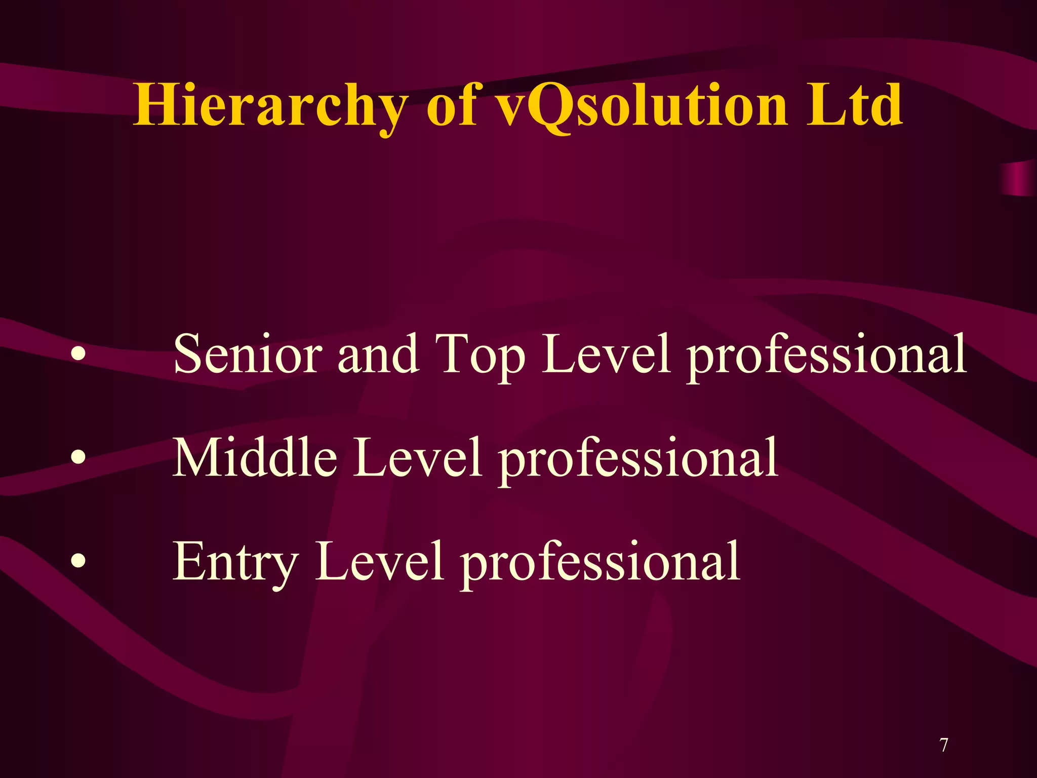 Hierarchy of vQsolution Ltd
7
• Senior and Top Level professional
• Middle Level professional
• Entry Level professional
 