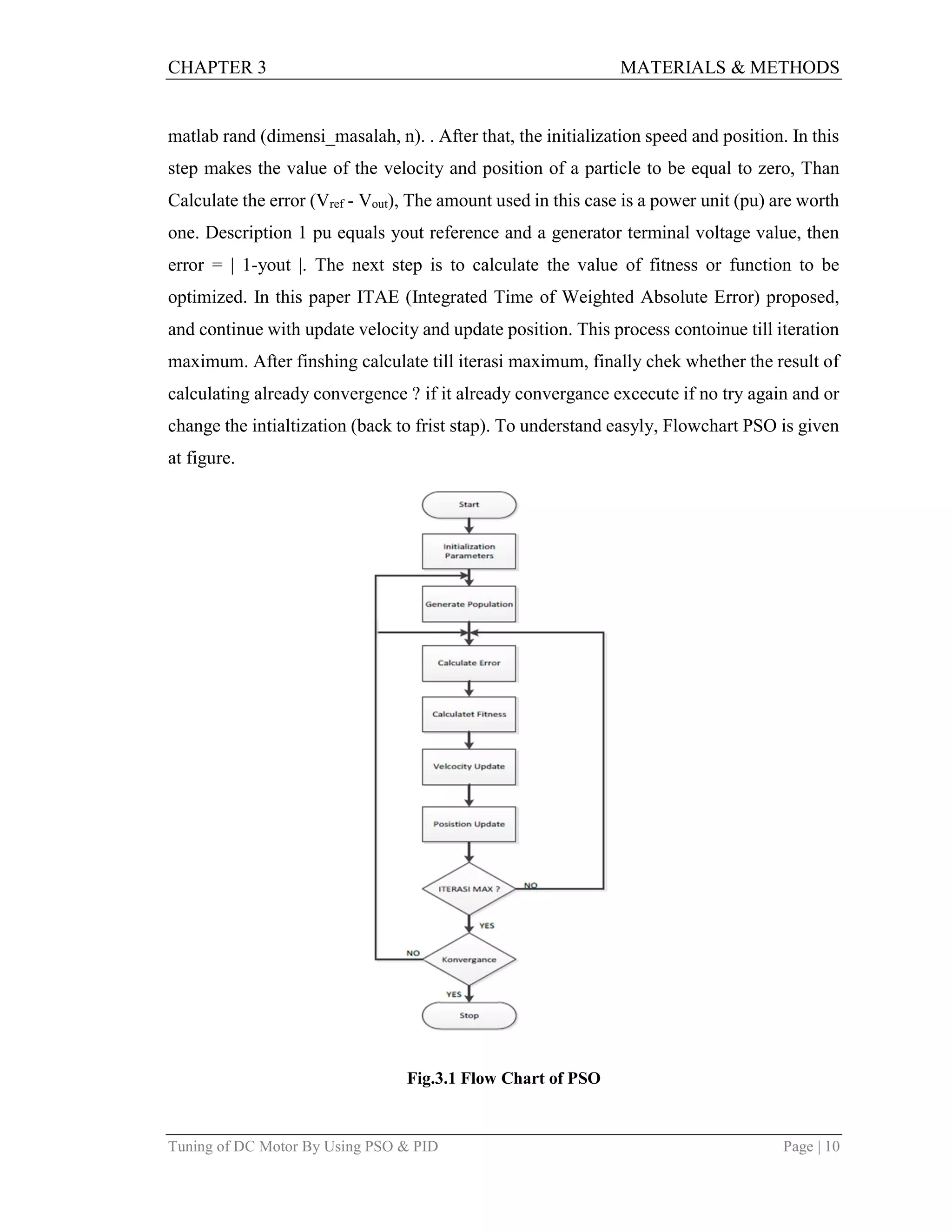 CHAPTER 3 MATERIALS & METHODS
Tuning of DC Motor By Using PSO & PID Page | 10
matlab rand (dimensi_masalah, n). . After that, the initialization speed and position. In this
step makes the value of the velocity and position of a particle to be equal to zero, Than
Calculate the error (Vref - Vout), The amount used in this case is a power unit (pu) are worth
one. Description 1 pu equals yout reference and a generator terminal voltage value, then
error = | 1-yout |. The next step is to calculate the value of fitness or function to be
optimized. In this paper ITAE (Integrated Time of Weighted Absolute Error) proposed,
and continue with update velocity and update position. This process contoinue till iteration
maximum. After finshing calculate till iterasi maximum, finally chek whether the result of
calculating already convergence ? if it already convergance excecute if no try again and or
change the intialtization (back to frist stap). To understand easyly, Flowchart PSO is given
at figure.
Fig.3.1 Flow Chart of PSO
 