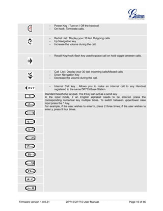 Firmware version 1.0.0.31 DP715/DP710 User Manual Page 16 of 56
- Power Key : Turn on / Off the handset
- On-hook: Terminate calls.
- Redial List : Display your 10 last Outgoing calls
- Up Navigation key
- Increase the volume during the call.
- Recall-Key/hook-flash key used to place call on hold toggle between calls.
- Call List : Display your 30 last Incoming calls/Missed calls
- Down Navigation key
- Decrease the volume during the call.
- Internal Call key : Allows you to make an internal call to any Handset
registered to the same DP715 Base Station
Standard telephone keypad. The # key can act as a send key.
In the input mode, if an English alphabet needs to be entered, press the
corresponding numerical key multiple times. To switch between upper/lower case
input press the * Key.
For example, if the user wishes to enter b, press 2 three times; if the user wishes to
enter y, press 9 four times.
 