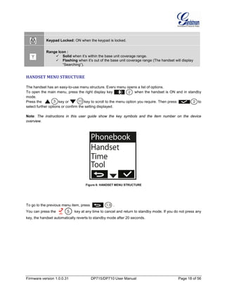 Firmware version 1.0.0.31 DP715/DP710 User Manual Page 18 of 56
Keypad Locked: ON when the keypad is locked.
Range Icon :
 Solid when it’s within the base unit coverage range.
 Flashing when it’s out of the base unit coverage range (The handset will display
“Searching”).
HANDSET MENU STRUCTURE
The handset has an easy-to-use menu structure. Every menu opens a list of options.
To open the main menu, press the right display key when the handset is ON and in standby
mode.
Press the key or key to scroll to the menu option you require. Then press to
select further options or confirm the setting displayed.
Note: The instructions in this user guide show the key symbols and the item number on the device
overview.
Figure 6: HANDSET MENU STRUCTURE
To go to the previous menu item, press .
You can press the key at any time to cancel and return to standby mode. If you do not press any
key, the handset automatically reverts to standby mode after 20 seconds.
 