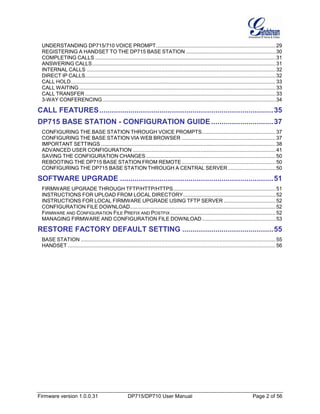 Firmware version 1.0.0.31 DP715/DP710 User Manual Page 2 of 56
UNDERSTANDING DP715/710 VOICE PROMPT...................................................................................29
REGISTERING A HANDSET TO THE DP715 BASE STATION ..............................................................30
COMPLETING CALLS .............................................................................................................................31
ANSWERING CALLS...............................................................................................................................31
INTERNAL CALLS ...................................................................................................................................32
DIRECT IP CALLS....................................................................................................................................32
CALL HOLD..............................................................................................................................................33
CALL WAITING ........................................................................................................................................33
CALL TRANSFER ....................................................................................................................................33
3-WAY CONFERENCING........................................................................................................................34
CALL FEATURES....................................................................................35
DP715 BASE STATION - CONFIGURATION GUIDE..............................37
CONFIGURING THE BASE STATION THROUGH VOICE PROMPTS...................................................37
CONFIGURING THE BASE STATION VIA WEB BROWSER .................................................................37
IMPORTANT SETTINGS .........................................................................................................................38
ADVANCED USER CONFIGURATION ...................................................................................................41
SAVING THE CONFIGURATION CHANGES..........................................................................................50
REBOOTING THE DP715 BASE STATION FROM REMOTE .................................................................50
CONFIGURING THE DP715 BASE STATION THROUGH A CENTRAL SERVER .................................50
SOFTWARE UPGRADE ..........................................................................51
FIRMWARE UPGRADE THROUGH TFTP/HTTP/HTTPS.......................................................................51
INSTRUCTIONS FOR UPLOAD FROM LOCAL DIRECTORY................................................................52
INSTRUCTIONS FOR LOCAL FIRMWARE UPGRADE USING TFTP SERVER ....................................52
CONFIGURATION FILE DOWNLOAD.....................................................................................................52
FIRMWARE AND CONFIGURATION FILE PREFIX AND POSTFIX.........................................................................52
MANAGING FIRMWARE AND CONFIGURATION FILE DOWNLOAD...................................................53
RESTORE FACTORY DEFAULT SETTING ............................................55
BASE STATION .......................................................................................................................................55
HANDSET ................................................................................................................................................56
 