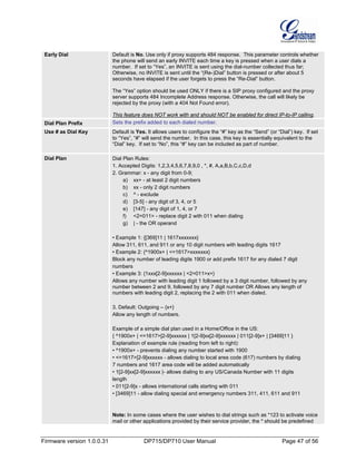 Firmware version 1.0.0.31 DP715/DP710 User Manual Page 47 of 56
Early Dial Default is No. Use only if proxy supports 484 response. This parameter controls whether
the phone will send an early INVITE each time a key is pressed when a user dials a
number. If set to “Yes”, an INVITE is sent using the dial-number collected thus far;
Otherwise, no INVITE is sent until the “(Re-)Dial” button is pressed or after about 5
seconds have elapsed if the user forgets to press the “Re-Dial” button.
The “Yes” option should be used ONLY if there is a SIP proxy configured and the proxy
server supports 484 Incomplete Address response. Otherwise, the call will likely be
rejected by the proxy (with a 404 Not Found error).
This feature does NOT work with and should NOT be enabled for direct IP-to-IP calling.
Dial Plan Prefix Sets the prefix added to each dialed number.
Use # as Dial Key Default is Yes. It allows users to configure the “#” key as the “Send” (or “Dial”) key. If set
to “Yes”, “#” will send the number. In this case, this key is essentially equivalent to the
“Dial” key. If set to “No”, this “#” key can be included as part of number.
Dial Plan Dial Plan Rules:
1. Accepted Digits: 1,2,3,4,5,6,7,8,9,0 , *, #, A,a,B,b,C,c,D,d
2. Grammar: x - any digit from 0-9;
a) xx+ - at least 2 digit numbers
b) xx - only 2 digit numbers
c) ^ - exclude
d) [3-5] - any digit of 3, 4, or 5
e) [147] - any digit of 1, 4, or 7
f) <2=011> - replace digit 2 with 011 when dialing
g) | - the OR operand
• Example 1: {[369]11 | 1617xxxxxxx}
Allow 311, 611, and 911 or any 10 digit numbers with leading digits 1617
• Example 2: {^1900x+ | <=1617>xxxxxxx}
Block any number of leading digits 1900 or add prefix 1617 for any dialed 7 digit
numbers
• Example 3: {1xxx[2-9]xxxxxx | <2=011>x+}
Allows any number with leading digit 1 followed by a 3 digit number, followed by any
number between 2 and 9, followed by any 7 digit number OR Allows any length of
numbers with leading digit 2, replacing the 2 with 011 when dialed.
3. Default: Outgoing – {x+}
Allow any length of numbers.
Example of a simple dial plan used in a Home/Office in the US:
{ ^1900x+ | <=1617>[2-9]xxxxxx | 1[2-9]xx[2-9]xxxxxx | 011[2-9]x+ | [3469]11 }
Explanation of example rule (reading from left to right):
• ^1900x+ - prevents dialing any number started with 1900
• <=1617>[2-9]xxxxxx - allows dialing to local area code (617) numbers by dialing
7 numbers and 1617 area code will be added automatically
• 1[2-9]xx[2-9]xxxxxx |- allows dialing to any US/Canada Number with 11 digits
length
• 011[2-9]x - allows international calls starting with 011
• [3469]11 - allow dialing special and emergency numbers 311, 411, 611 and 911
Note: In some cases where the user wishes to dial strings such as *123 to activate voice
mail or other applications provided by their service provider, the * should be predefined
 