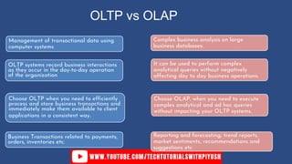 OLTP vs OLAP
Management of transactional data using
computer systems
OLTP systems record business interactions
as they occur in the day-to-day operation
of the organization
Choose OLTP when you need to efficiently
process and store business transactions and
immediately make them available to client
applications in a consistent way.
Business Transactions related to payments,
orders, inventories etc.
Complex business analysis on large
business databases.
It can be used to perform complex
analytical queries without negatively
affecting day to day business operations.
Choose OLAP, when you need to execute
complex analytical and ad hoc queries
without impacting your OLTP systems.
Reporting and forecasting, trend reports,
market sentiments, recommendations and
suggestions etc
 