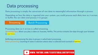 Data processing
Data processing is simply the conversion of raw data to meaningful information through a process
Depending on how the data is ingested into your system, you could process each data item as it arrives,
or buffer the raw data and process it in groups
Processing data as it arrives is called streaming
Buffering and processing the data in groups is called batch processing.
Streaming Data: When you play a video on Youtube, Netflix. The service streams the data through your browser
In real-time.
Batch processing: Counting of votes in election where data is collected and counted in batches.
Streaming Batch Processing
 