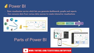 Power BI
- Data visualization service which lets you generate dashboards, graphs and reports.
- Can consume data from various data sources to create interactive visualizations
Parts of Power BI
Create Share Consume
 
