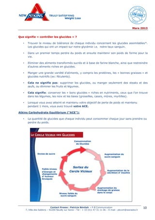 Mars 2013
Contact Presse : Patricia Bénitah - P.B Communication
7, Villa des Sablons – 92200 Neuilly sur Seine - Tel : + 33 (0)1 47 31 11 06 – E-mail : pbcom@wanadoo.fr
10
Que signifie « contrôler les glucides » ?
• Trouver le niveau de tolérance de chaque individu concernant les glucides assimilables*.
Les glucides qui ont un impact sur notre glycémie i.e. notre taux sanguin.
• Dans un premier temps perdre du poids et ensuite maintenir son poids de forme pour la
vie.
• Eliminer des aliments transformés sucrés et à base de farine blanche, ainsi que restreindre
d'autres aliments riches en glucides.
• Manger une grande variété d'aliments, y compris les protéines, les « bonnes graisses » et
glucides nutritifs (ex: féculents).
• Cela ne signifie pas: supprimer les glucides, ou manger seulement des steaks et des
œufs, ou éliminer les fruits et légumes.
• Cela signifie: conserver les « bons glucides » riches en nutriments, ceux que l'on trouve
dans les légumes, les noix et les baies (groseilles, cassis, mûres, myrtilles).
• Lorsque vous avez atteint et maintenu votre objectif de perte de poids et maintenu
pendant 1 mois, vous avez trouvé votre ACE.
Atkins Carbohydrate Equilibrium (“ACE”):
• La quantité de glucides que chaque individu peut consommer chaque jour sans prendre ou
perdre du poids.
 