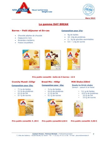 Mars 2013
Contact Presse : Patricia Bénitah - P.B Communication
7, Villa des Sablons – 92200 Neuilly sur Seine - Tel : + 33 (0)1 47 31 11 06 – E-mail : pbcom@wanadoo.fr
7
La gamme DAY BREAK
Barres – Petit déjeuner et En-cas
 Chocolat pépites de chocolat
 Cappuccino noix
 Amandes cranberry
 Fraise croustillant
Prix public conseillé : boîte de 5 barres : 12 €
Crunchy Muesli :325gr Bread Mix : 400gr MilK Shake:330ml
Prix public conseillé: 5 ,90 € Prix public conseillé: 5,90 €
Composition pour 37g:
 9g de lipides
 10 -12g de protéines
 2 - 3g de glucides assimilables
 0,5 – 1,5g de sucres
Composition pour 25g:
• 7.3 g de lipides
• 5.2 g de protéines
• 6.4 g de GA
• 0.7 g de sucres
Composition pour 25g:
• 3.4 g de lipides
• 6.6 g de protéines
• 2.3 g de GA
• 0.1 g de sucres
Ready-to-Drink shake
Saveur : yaourt à la fraise
Prix public conseillé:3,50 €
• 9.1 g de lipides
• 10.0 g de protéines
• 3.0 g de GA
• 3.0 g de sucres
 