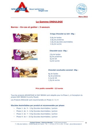Mars 2013
Contact Presse : Patricia Bénitah - P.B Communication
7, Villa des Sablons – 92200 Neuilly sur Seine - Tel : + 33 (0)1 47 31 11 06 – E-mail : pbcom@wanadoo.fr
8
La Gamme ENDULDGE
Barres – En-cas et goûter : 3 saveurs
Prix public conseillé : 2,5 euros
Tous les produits ADVANTAGE et DAY BREAK sont adaptés pour la Phase 1, à l’exception du
produit DAY BREAK Crunchy Muesli.
Les Produits ENDULGE sont recommandés en Phase 2 / 3 / 4
Glucides Assimilables par produit et recommandés par phase:
• Phase 1: de 0 - 3.9g Glucides Assimilables / portion
• Phase 2: de 4 - 6.9g Glucides Assimilables / portion
• Phase 3: de 7 - 9.9g Glucides Assimilables / portion
• Phase 4: de + 10.0g Glucides Assimilables / portion
Crispy Chocolat au lait- 30g :
9,8g de lipides
3,9g de protéines
1,8g de glucides assimilables
1,5g de sucres
Chocolat-coco- 35g :
12g de lipides
5g de protéines
3g de GA
1g de sucres
Chocolat cacahuète caramel- 30g :
8g de lipides
5g de protéines
2,1g de GA
1,5g de sucres
 