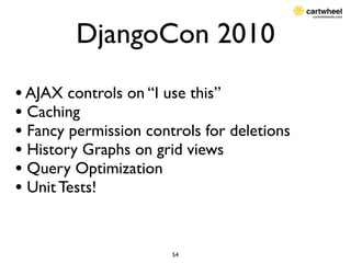 DjangoCon 2010
• AJAX controls on “I use this”
• Caching
• Fancy permission controls for deletions
• History Graphs on gri...