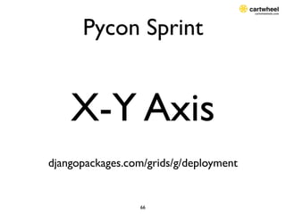 Pycon Sprint


    X-Y Axis
djangopackages.com/grids/g/deployment


                 66
 