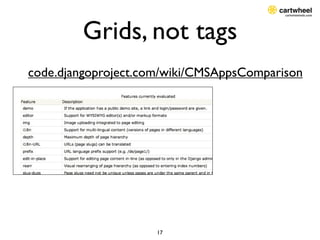 Grids, not tags
code.djangoproject.com/wiki/CMSAppsComparison




                     17
 
