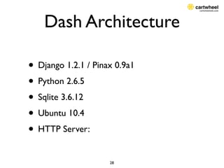 Dash Architecture

• Django 1.2.1 / Pinax 0.9a1
• Python 2.6.5
• Sqlite 3.6.12
• Ubuntu 10.4
• HTTP Server:
              ...