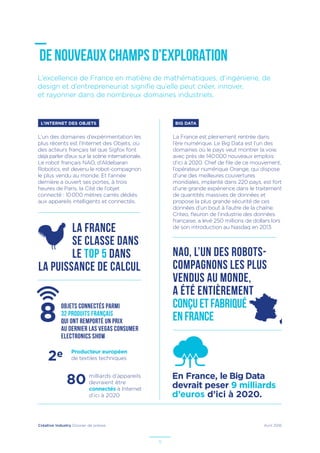 Créative Industry Dossier de presse Avril 2016
11
DE NOUVEAUX CHAMPS D’EXPLORATION
L’INTERNET DES OBJETS
La France
se classe dans
le Top 5 dans
la puissance de calcul
BIG DATA
L’un des domaines d’expérimentation les
plus récents est l’Internet des Objets, où
des acteurs français tel que Sigfox font
déjà parler d’eux sur la scène internationale.
Le robot français NAO, d’Aldebaran
Robotics, est devenu le robot-compagnon
le plus vendu au monde. Et l’année
dernière a ouvert ses portes, à trois
heures de Paris, la Cité de l’objet
connecté : 10 000 mètres carrés dédiés
aux appareils intelligents et connectés.
La France est pleinement rentrée dans
l’ère numérique. Le Big Data est l’un des
domaines où le pays veut montrer la voie,
avec près de 140 000 nouveaux emplois
d’ici à 2020. Chef de file de ce mouvement,
l’opérateur numérique Orange, qui dispose
d’une des meilleures couvertures
mondiales, implanté dans 220 pays, est fort
d’une grande expérience dans le traitement
de quantités massives de données et
propose la plus grande sécurité de ces
données d’un bout à l’autre de la chaîne.
Criteo, fleuron de l’industrie des données
française, a levé 250 millions de dollars lors
de son introduction au Nasdaq en 2013.
L’excellence de France en matière de mathématiques, d’ingénierie, de
design et d’entrepreneuriat signifie qu’elle peut créer, innover,
et rayonner dans de nombreux domaines industriels.
NAO, l’un des robots-
compagnons les plus
vendus au monde,
a été entièrement
conçuetfabriqué
enFrance8
Producteur européen
de textiles techniques
En France, le Big Data
devrait peser 9 milliards
d’euros d’ici à 2020.
objets connectés parmi
32 produits français
qui ont remporté un prix
au dernier Las Vegas Consumer
Electronics Show
2e
80 milliards d’appareils
devraient être
connectés à Internet
d’ici à 2020
 