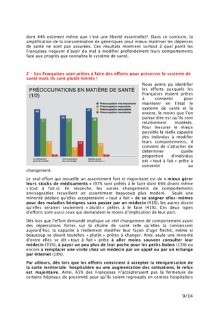 9/14
dont 44% estiment même que c’est une liberté essentielle)3. Dans ce contexte, la
amplification de la consommation de génériques pour mieux maitriser les dépenses
de santé ne sont pas assurées. Ces résultats montrent surtout à quel point les
Françaises risquent d’avoir du mal à modifier profondément leurs comportements
face aux progrès que connaîtra le système de santé.
2 - Les Françaises sont prêtes à faire des efforts pour préserver le système de
santé mais ils sont plutôt limités !
Nous avons pu identifier
les efforts auxquels les
Françaises étaient prêtes
à consentir pour
maintenir en l’état le
système de santé et là
encore, le moins que l’on
puisse dire est qu’ils sont
relativement modérés.
Pour mesurer le mieux
possible la réelle capacité
des individus à modifier
leurs comportements, il
convient de s’attacher de
déterminer quelle
proportion d’individus
est « tout à fait » prête à
consentir au
changement.
Le seul effort qui recueille un assentiment fort et majoritaire est de « mieux gérer
leurs stocks de médicaments » (97% sont prêtes à le faire dont 66% disent même
« tout à fait »). En revanche, les autres changements de comportements
envisageables recueillent un assentiment beaucoup plus modéré. Seule une
minorité déclare qu’elles accepteraient « tout à fait » de se soigner elles-mêmes
pour des maladies bénignes sans passer par un médecin (41%), les autres disent
qu’elles seraient seulement « plutôt » prêtes à le faire (41%). Ces deux types
d’efforts sont aussi ceux qui demandent le moins d’implication de leur part.
Dès lors que l’effort demandé implique un réel changement de comportement ayant
des répercutions fortes sur la chaîne de santé telle qu’elles la connaissent
aujourd’hui, la capacité à réellement modifier leur façon d’agir fléchit, même si
beaucoup se disent toutefois « plutôt » prêtes à changer. Ainsi seule une minorité
d’entre elles se dit « tout à fait » prête à aller moins souvent consulter leur
médecin (31%), à payer un peu plus de leur poche pour les petits bobos (15%) ou
encore à remplacer une visite chez un médecin par un appel ou par un échange
par Internet (18%).
Par ailleurs, dès lors que les efforts consistent à accepter la réorganisation de
la carte territoriale hospitalière ou une augmentation des cotisations, le refus
est majoritaire. Ainsi, 65% des Françaises n’accepteraient pas la fermeture de
certains hôpitaux de proximité pour qu’ils soient regroupés en centres hospitaliers
PRÉOCCUPATIONS EN MATIÈRE DE SANTÉ
(1/2)
2
15
2
13
9
15
383737
47
40
46
Préoccupation très importante
Préoccupation importante
Préoccupation secondaire
Préoccupation inexistante
Maladies graves
(cancer, Alzeimer…)
Perte d’autonomie
des proches âgés
Le vieillissement
(perte des facultés)
 