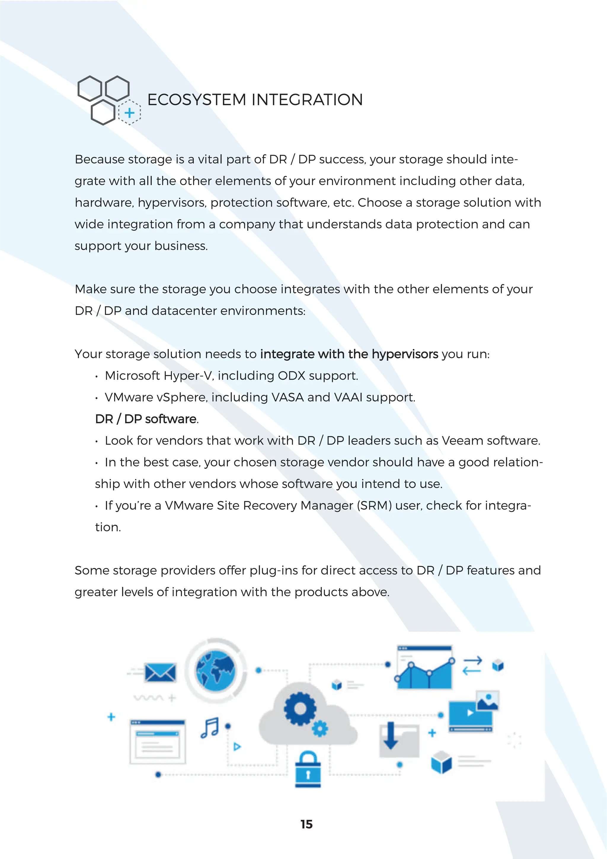 15
Because storage is a vital part of DR / DP success, your storage should inte-
grate with all the other elements of your environment including other data,
hardware, hypervisors, protection software, etc. Choose a storage solution with
wide integration from a company that understands data protection and can
support your business.
Make sure the storage you choose integrates with the other elements of your
DR / DP and datacenter environments:
Your storage solution needs to integrate with the hypervisors you run:
• Microsoft Hyper-V, including ODX support.
• VMware vSphere, including VASA and VAAI support.
DR / DP software.
• Look for vendors that work with DR / DP leaders such as Veeam software.
• In the best case, your chosen storage vendor should have a good relation-
ship with other vendors whose software you intend to use.
• If you’re a VMware Site Recovery Manager (SRM) user, check for integra-
tion.
Some storage providers offer plug-ins for direct access to DR / DP features and
greater levels of integration with the products above.
ECOSYSTEM INTEGRATION
+
 