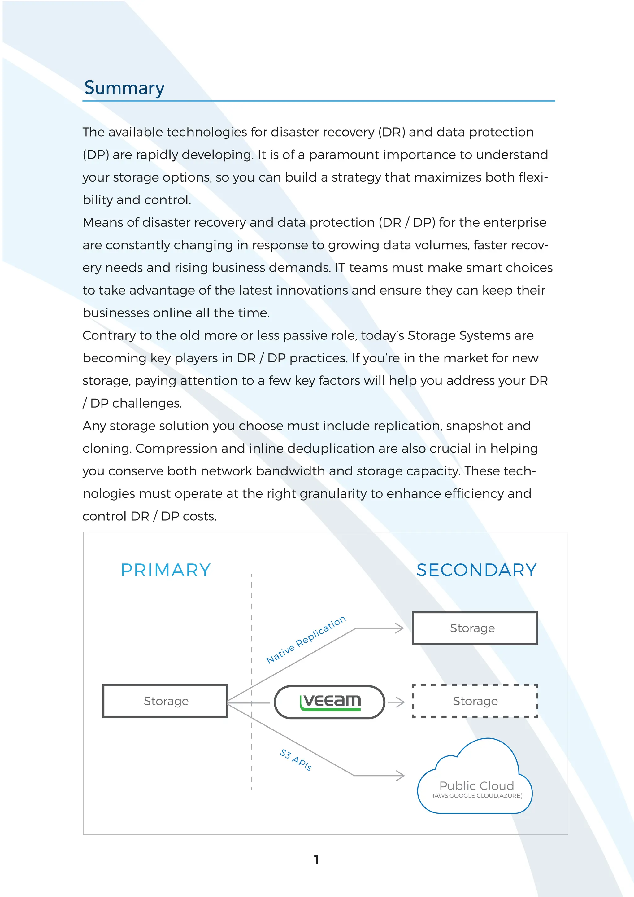 The available technologies for disaster recovery (DR) and data protection
(DP) are rapidly developing. It is of a paramount importance to understand
your storage options, so you can build a strategy that maximizes both flexi-
bility and control.
Means of disaster recovery and data protection (DR / DP) for the enterprise
are constantly changing in response to growing data volumes, faster recov-
ery needs and rising business demands. IT teams must make smart choices
to take advantage of the latest innovations and ensure they can keep their
businesses online all the time.
Contrary to the old more or less passive role, today’s Storage Systems are
becoming key players in DR / DP practices. If you’re in the market for new
storage, paying attention to a few key factors will help you address your DR
/ DP challenges.
Any storage solution you choose must include replication, snapshot and
cloning. Compression and inline deduplication are also crucial in helping
you conserve both network bandwidth and storage capacity. These tech-
nologies must operate at the right granularity to enhance efficiency and
control DR / DP costs.
1
Summary
Storage
Storage
Storage
Public Cloud
(AWS,GOOGLE CLOUD,AZURE)
PRIMARY SECONDARY
Native Replication
S3 APIs
 