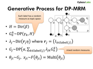 Generative Process for DP-MRM
                                                           𝛼
        Each label has a random
        measure as topic space                                                  𝑁𝑗
                                           𝐻       𝐺0𝑘     𝐺𝑗     𝜃 𝑗𝑖   𝑥 𝑗𝑖
• 𝐻 = Dir 𝛽
                                                           𝜆j     𝑟𝑗             𝐷
• 𝐺0𝑘 ~DP 𝛾 𝑘 , 𝐻                      𝛽
                                               𝐾
                                                   𝛾𝑘      𝜂


• 𝜆 𝑗 ~Dir 𝒓 𝑗 𝜂 where 𝒓 𝑗 = 𝐼 𝑘∈label                     𝑗

• 𝐺 𝑗 ~DP 𝛼,        𝑘∈label 𝑗     𝜆 𝑗𝑘 𝐺0𝑘               mixed random measures


• 𝜃 𝑗𝑖 ~𝐺 𝑗 , 𝑥 𝑗𝑖 ~𝐹 𝜃 𝑗𝑖 = Multi 𝜃 𝑗𝑖
 