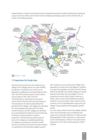 IX
Implementation of above mentioned economic development projects shall be facilitated by identifying
unique economic role for each Growth Centre and aligning strategic projects in line with the role, as
shown in the following ﬁgure:
7. Projections for Study Area
Socioeconomic projections are worked out by
village for 814 villages which are under PMRDA
jurisdictions. Projections are carried out for
population, employment, and household for 2021,
2031 and 2041 and are based on three historic
Census data of 1991, 2001 and 2011.
The Study Area is organised into two parts -
Urban Growth Centres and Rural Area based on
the assessment of urban/rural development
potential of 814 villages. 233 villages are identiﬁed
for urban development (referred to as Urban
Growth Centres ), and 581 villages are identiﬁed
for rural development (referred to as Rural Areas).
Arithmetic increase method is used for
projections of Rural Areas as growth rates of
most of the villages are stabilising/declining.
For village wise projections of Urban Growth
Centres, arithmetic/incremental increase method
is used based on the individual village’s growth
rate. However, just summing up the village-wise
populations of urban and rural villages in isolation
to project the population of Urban Growth Centres
will not be feasible since all the villages are closely
linked to each other and not isolated. Thus, for
projections of each Urban Growth Centre as a
whole, Urban-Rural Growth Differential (URGD)
method is used since each Urban Growth Centre
contains a mix of interdependent urban and rural
villages showing different demographic growth
trends.
For such cases, URGD is the most reliable method
since its formula takes into consideration the
urban and rural growth difference in relation to the
total population while projecting. It is also known
as the United Nations method. Pune district level
projections in RP 1997 are also based on URGD
method.
 