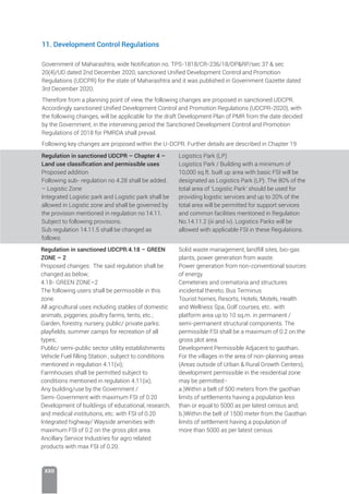 XXII
11. Development Control Regulations
Government of Maharashtra, wide Notiﬁcation no. TPS-1818/CR-236/18/DPRP/sec 37  sec
20(4)/UD dated 2nd December 2020, sanctioned Uniﬁed Development Control and Promotion
Regulations (UDCPR) for the state of Maharashtra and it was published in Government Gazette dated
3rd December 2020.
Therefore from a planning point of view, the following changes are proposed in sanctioned UDCPR.
Accordingly sanctioned Uniﬁed Development Control and Promotion Regulations (UDCPR-2020), with
the following changes, will be applicable for the draft Development Plan of PMR from the date decided
by the Government; in the intervening period the Sanctioned Development Control and Promotion
Regulations of 2018 for PMRDA shall prevail.
Following key changes are proposed within the U-DCPR. Further details are described in Chapter 19
Regulation in sanctioned UDCPR:4.18 – GREEN
ZONE – 2
Proposed changes: The said regulation shall be
changed as below;
4.18- GREEN ZONE–2
The following users shall be permissible in this
zone.
All agricultural uses including stables of domestic
animals, piggeries, poultry farms, tents, etc.;
Garden, forestry, nursery, public/ private parks;
playﬁelds, summer camps for recreation of all
types;
Public/ semi-public sector utility establishments
Vehicle Fuel ﬁlling Station , subject to conditions
mentioned in regulation 4.11(vi);
Farmhouses shall be permitted subject to
conditions mentioned in regulation 4.11(ix);
Any building/use by the Government /
Semi-Government with maximum FSI of 0.20
Development of buildings of educational, research,
and medical institutions, etc. with FSI of 0.20
Integrated highway/ Wayside amenities with
maximum FSI of 0.2 on the gross plot area.
Ancillary Service Industries for agro related
products with max FSI of 0.20.
Regulation in sanctioned UDCPR – Chapter 4 –
Land use classiﬁcation and permissible uses
Proposed addition
Following sub- regulation no 4.28 shall be added.
– Logistic Zone
Integrated Logistic park and Logistic park shall be
allowed in Logistic zone and shall be governed by
the provision mentioned in regulation no 14.11.
Subject to following provisions.
Sub regulation 14.11.5 shall be changed as
follows:
Logistics Park (LP)
Logistics Park / Building with a minimum of
10,000 sq.ft. built up area with basic FSI will be
designated as Logistics Park (LP). The 80% of the
total area of ‘Logistic Park’ should be used for
providing logistic services and up to 20% of the
total area will be permitted for support services
and common facilities mentioned in Regulation
No.14.11.2 (iii and iv). Logistics Parks will be
allowed with applicable FSI in these Regulations.
Solid waste management, landﬁll sites, bio-gas
plants, power generation from waste.
Power generation from non-conventional sources
of energy
Cemeteries and crematoria and structures
incidental thereto; Bus Terminus
Tourist homes, Resorts, Hotels, Motels, Health
and Wellness Spa, Golf courses, etc.. with
platform area up to 10 sq.m. in permanent /
semi-permanent structural components. The
permissible FSI shall be a maximum of 0.2 on the
gross plot area.
Development Permissible Adjacent to gaothan:.
For the villages in the area of non-planning areas
(Areas outside of Urban  Rural Growth Centers),
development permissible in the residential zone
may be permitted:-
a.)Within a belt of 500 meters from the gaothan
limits of settlements having a population less
than or equal to 5000 as per latest census and;
b.)Within the belt of 1500 meter from the Gaothan
limits of settlement having a population of
more than 5000 as per latest census
 