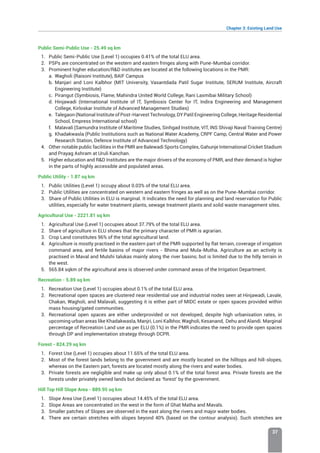 Chapter 3: Existing Land Use
37
Public Semi-Public Use - 25.49 sq km
1. Public Semi-Public Use (Level 1) occupies 0.41% of the total ELU area.
2. PSPs are concentrated on the western and eastern fringes along with Pune-Mumbai corridor.
3. Prominent higher education/RD institutes are located at the following locations in the PMR:
a. Wagholi (Raisoni Institute), BAIF Campus
b. Manjari and Loni Kalbhor (MIT University, Vasantdada Patil Sugar Institute, SERUM Institute, Aircraft
Engineering Institute)
c. Pirangut (Symbiosis, Flame, Mahindra United World College, Rani Laxmibai Military School)
d. Hinjawadi (International Institute of IT, Symbiosis Center for IT, Indira Engineering and Management
College, Kirloskar Institute of Advanced Management Studies)
e. Talegaon (National Institute of Post-Harvest Technology, DY Patil Engineering College, Heritage Residential
School, Empress International school)
f. Malavali (Samundra Institute of Maritime Studies, Sinhgad Institute, VIT, INS Shivaji Naval Training Centre)
g. Khadakwasla (Public Institutions such as National Water Academy, CRPF Camp, Central Water and Power
Research Station, Defence Institute of Advanced Technology)
4. Other notable public facilities in the PMR are Balewadi Sports Complex, Gahunje International Cricket Stadium
and Prayag Ashram at Uruli Kanchan.
5. Higher education and RD Institutes are the major drivers of the economy of PMR, and their demand is higher
in the parts of highly accessible and populated areas.
Public Utility - 1.87 sq km
1. Public Utilities (Level 1) occupy about 0.03% of the total ELU area.
2. Public Utilities are concentrated on western and eastern fringes as well as on the Pune-Mumbai corridor.
3. Share of Public Utilities in ELU is marginal. It indicates the need for planning and land reservation for Public
utilities, especially for water treatment plants, sewage treatment plants and solid waste management sites.
Agricultural Use - 2221.81 sq km
1. Agricultural Use (Level 1) occupies about 37.79% of the total ELU area.
2. Share of agriculture in ELU shows that the primary character of PMR is agrarian.
3. Crop Land constitutes 96% of the total agricultural land.
4. Agriculture is mostly practised in the eastern part of the PMR supported by flat terrain, coverage of irrigation
command area, and fertile basins of major rivers - Bhima and Mula-Mutha. Agriculture as an activity is
practised in Maval and Mulshi talukas mainly along the river basins; but is limited due to the hilly terrain in
the west.
5. 565.84 sqkm of the agricultural area is observed under command areas of the Irrigation Department.
Recreation - 5.89 sq km
1. Recreation Use (Level 1) occupies about 0.1% of the total ELU area.
2. Recreational open spaces are clustered near residential use and industrial nodes seen at Hinjawadi, Lavale,
Chakan, Wagholi, and Malavali, suggesting it is either part of MIDC estate or open spaces provided within
mass housing/gated communities.
3. Recreational open spaces are either underprovided or not developed, despite high urbanisation rates, in
upcoming urban areas like Khadakwasla, Manjri, Loni Kalbhor, Wagholi, Kesanand, Dehu and Alandi. Marginal
percentage of Recreation Land use as per ELU (0.1%) in the PMR indicates the need to provide open spaces
through DP and implementation strategy through DCPR.
Forest - 824.29 sq km
1. Forest Use (Level 1) occupies about 11.65% of the total ELU area.
2. Most of the forest lands belong to the government and are mostly located on the hilltops and hill-slopes,
whereas on the Eastern part, forests are located mostly along the rivers and water bodies.
3. Private forests are negligible and make up only about 0.1% of the total forest area. Private forests are the
forests under privately owned lands but declared as ‘forest’ by the government.
Hill Top Hill Slope Area - 889.95 sq km
1. Slope Area Use (Level 1) occupies about 14.45% of the total ELU area.
2. Slope Areas are concentrated on the west in the form of Ghat Matha and Mavals.
3. Smaller patches of Slopes are observed in the east along the rivers and major water bodies.
4. There are certain stretches with slopes beyond 40% (based on the contour analysis). Such stretches are
 