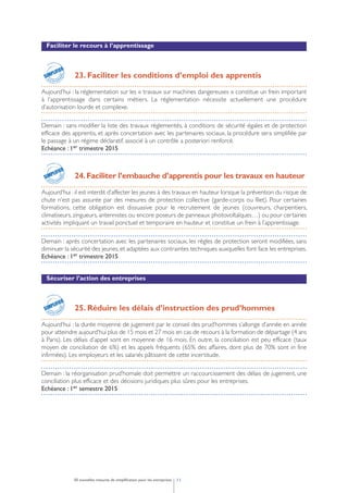 Faciliter le recours à l’apprentissage
23. Faciliter les conditions d’emploi des apprentis
Aujourd’hui : la réglementation sur les « travaux sur machines dangereuses » constitue un frein important
à l’apprentissage dans certains métiers. La réglementation nécessite actuellement une procédure
d’autorisation lourde et complexe.
Demain : sans modifier la liste des travaux réglementés, à conditions de sécurité égales et de protection
efficace des apprentis, et après concertation avec les partenaires sociaux, la procédure sera simplifiée par
le passage à un régime déclaratif, associé à un contrôle a posteriori renforcé.
Echéance : 1er trimestre 2015
24.Faciliter l’embauche d’apprentis pour les travaux en hauteur
Aujourd’hui : il est interdit d’affecter les jeunes à des travaux en hauteur lorsque la prévention du risque de
chute n’est pas assurée par des mesures de protection collective (garde-corps ou filet). Pour certaines
formations, cette obligation est dissuasive pour le recrutement de jeunes (couvreurs, charpentiers,
climatiseurs, zingueurs, antennistes ou encore poseurs de panneaux photovoltaïques…) ou pour certaines
activités impliquant un travail ponctuel et temporaire en hauteur et constitue un frein à l’apprentissage.
Demain : après concertation avec les partenaires sociaux, les règles de protection seront modifiées, sans
diminuer la sécurité des jeunes, et adaptées aux contraintes techniques auxquelles font face les entreprises.
Echéance : 1er trimestre 2015
Sécuriser l’action des entreprises
25. Réduire les délais d’instruction des prud’hommes
Aujourd’hui : la durée moyenne de jugement par le conseil des prud’hommes s’allonge d’année en année
pour atteindre aujourd’hui plus de 15 mois et 27 mois en cas de recours à la formation de départage (4 ans
à Paris). Les délais d’appel sont en moyenne de 16 mois. En outre, la conciliation est peu efficace (taux
moyen de conciliation de 6%) et les appels fréquents (65% des affaires, dont plus de 70% sont in fine
infirmées). Les employeurs et les salariés pâtissent de cette incertitude.
Demain : la réorganisation prud’homale doit permettre un raccourcissement des délais de jugement, une
conciliation plus efficace et des décisions juridiques plus sûres pour les entreprises.
Echéance : 1er semestre 2015
1150 nouvelles mesures de simplification pour les entreprises
pour les entr
eprises
SIMPLIFICATION
SIMPLIFIER
pour les entr
eprises
SIMPLIFICATION
SIMPLIFIER
pour les entr
eprises
SIMPLIFICATION
SIMPLIFIER
 