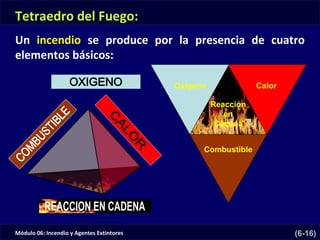 Módulo 06: Incendio y Agentes Extintores (6-16)
Combustible
CalorOxígeno
Reacción
en
Cadena
Tetraedro del Fuego:
Un incendio se produce por la presencia de cuatro
elementos básicos:
 