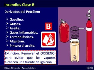 Módulo 06: Incendio y Agentes Extintores (6-29)
 Gasolina.
 Grasas.
 Aceite.
 Gases inflamables.
 Termoplásticos.
 Alquitrán.
 Pintura al aceite.
Extinción: Remover el OXIGENO,
para evitar que los vapores
alcancen una fuente de ignición
Extinción: Remover el OXIGENO,
para evitar que los vapores
alcancen una fuente de ignición
Incendios Clase B
Derivados del Petróleo:
 
