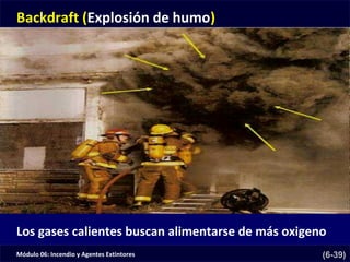Módulo 06: Incendio y Agentes Extintores (6-39)
Backdraft (Explosión de humo)
Los gases calientes buscan alimentarse de más oxigeno
 