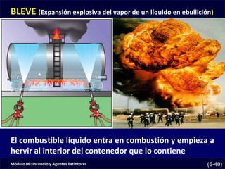 Módulo 06: Incendio y Agentes Extintores (6-40)
BLEVE (Expansión explosiva del vapor de un líquido en ebullición)
El combustible líquido entra en combustión y empieza a
hervir al interior del contenedor que lo contiene
 